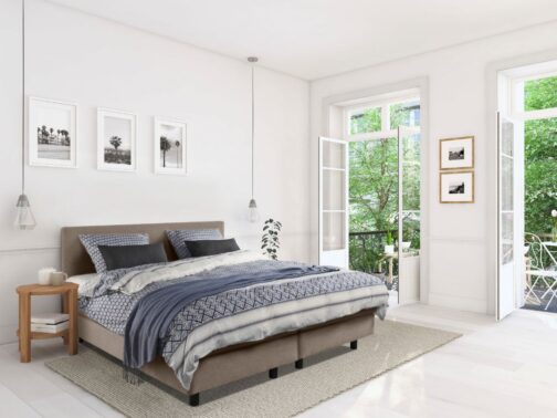 Boxspring Bed Mila – 180×220 – Incl. Pocketmatras + Hoofdbord – Skai Taupe bestellen via beddenwinkel-online.nl